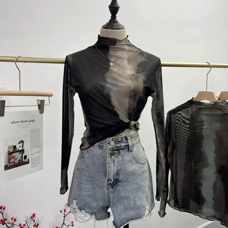 Churchf Real Shooting Wave Side Half-High Collar Net Yarn Dyed Long Sleeve Thin Inside The Bottom Shirt Autumn And Winter Folded T-Shirt 8921
