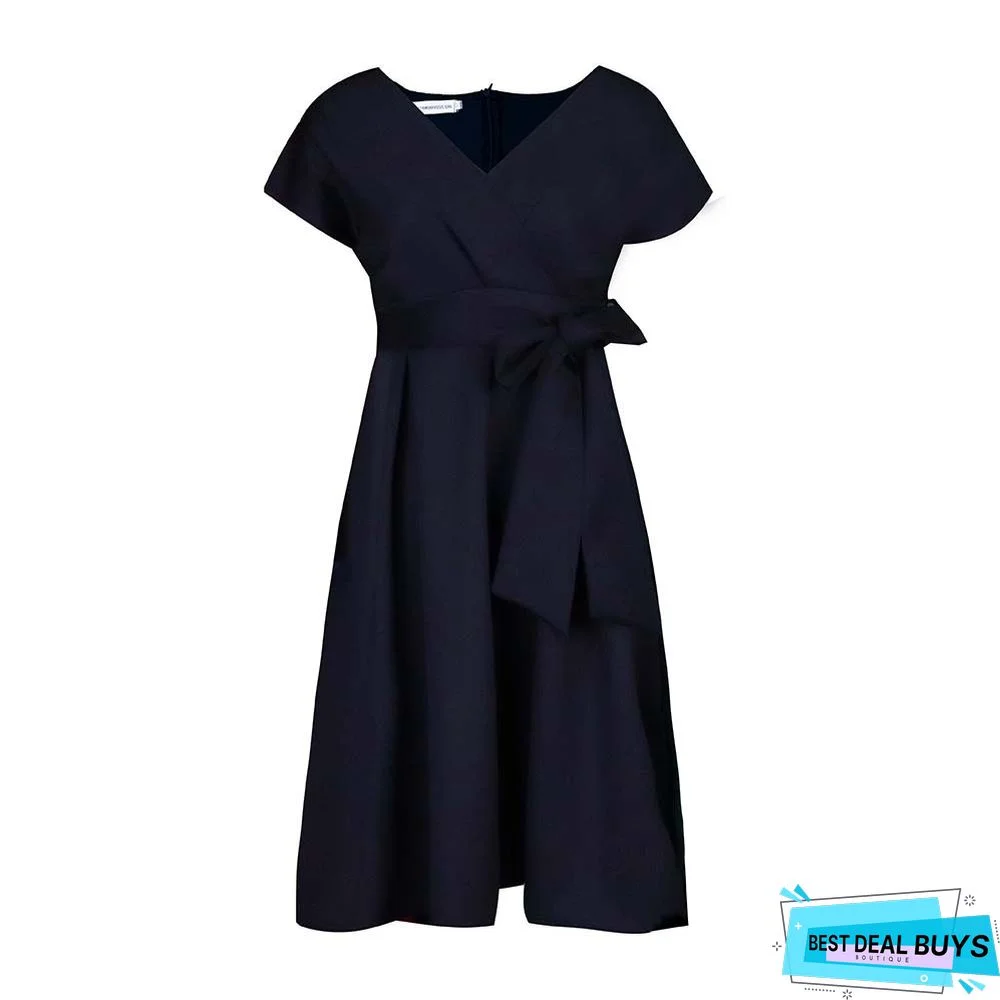 V-Neck Solid Color Waist Bow Tie Dress White Dresses
