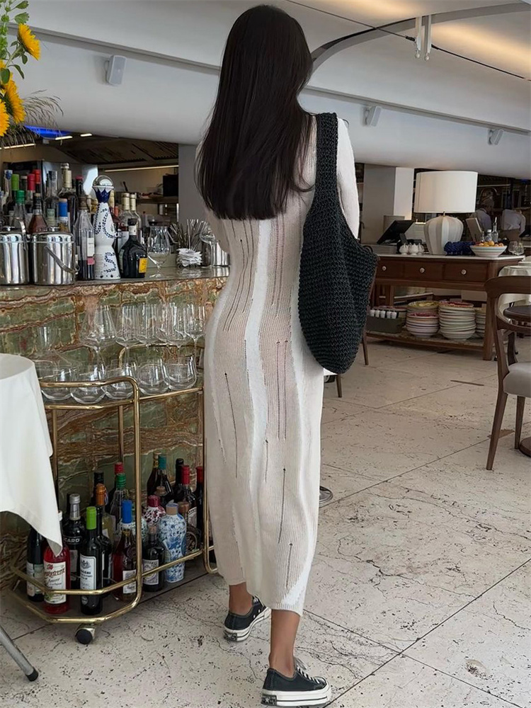 Ootddress Sexy Hollow Out Knit Maxi Dress For Women Slim Elegant Fashion Long Sleeve Autumn 2025 Party Dress Female Knitwear Dress