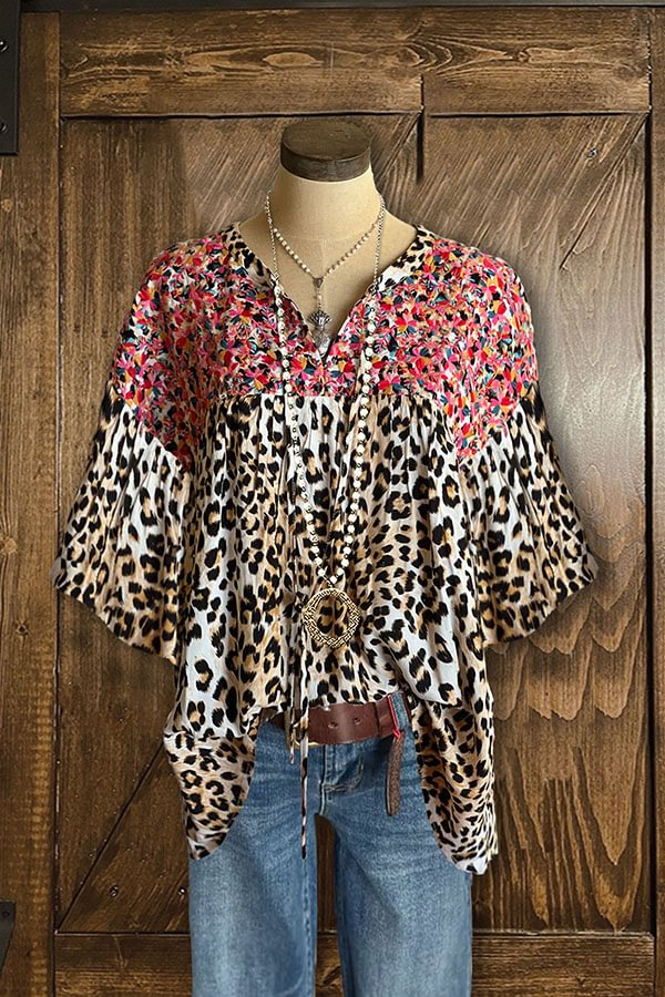 Leopard Print Paneled Floral Embroidered Ruffle Top