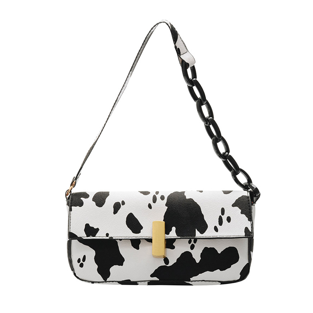 

Cow Print PU Small Handbag Totes Acrylic Chain Underarm Shoulder Bags, White, 501 Original