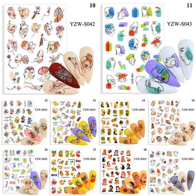 1 Sheet Human Face Nail Stickers And Decals 2021 Nail Art Decorations Set Geometric Pattern Dried Flowers Sliders For Nails Art-Nail Inspo