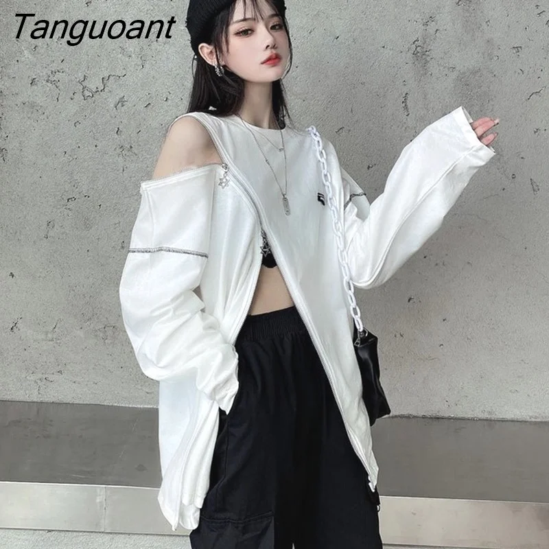 Tanguoant Women T-shirt O-neck Long Sleeve Sexy Strapless Asymmetrical Zipper Slit Patchwork Hip Hop Fashion Harajuku Loose Streetwear Tee