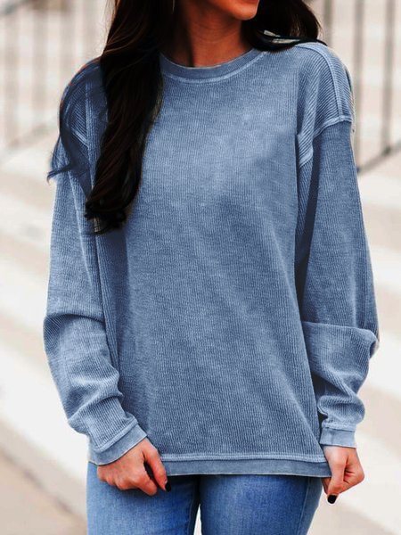Blue Casual Solid Crew Neck Shirts & Tops