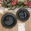 10 Pack | 9" Black / Gold Scalloped Rim Plastic Dinner Plates, Disposable Party Plates