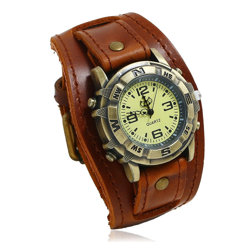 New Men's Watch Vintage Cowhide Bracelet Watch Men's Jewelry Genuine Leather Wide Leather Watch