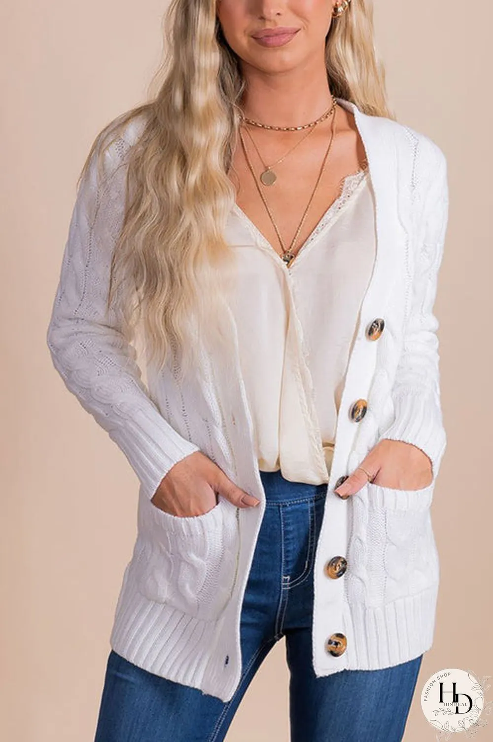 Button Cable Knit Cardigan