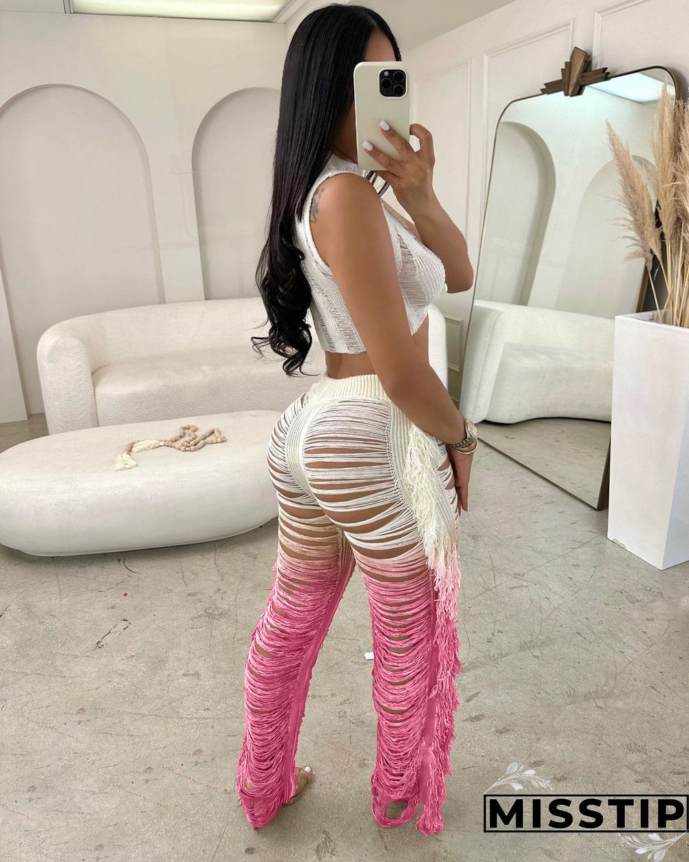 Gradient Knitted Tassel Two Piece Pants Set