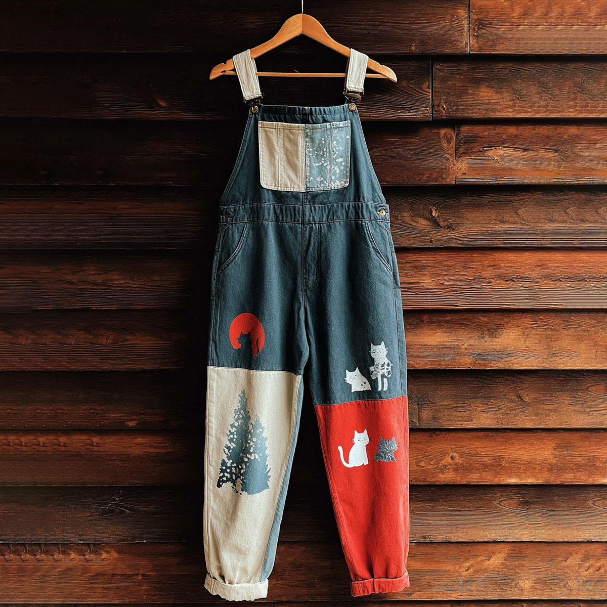 Women's Cute Cat On Mount Fuji Contrast Denim Jumpsuit elevenforest