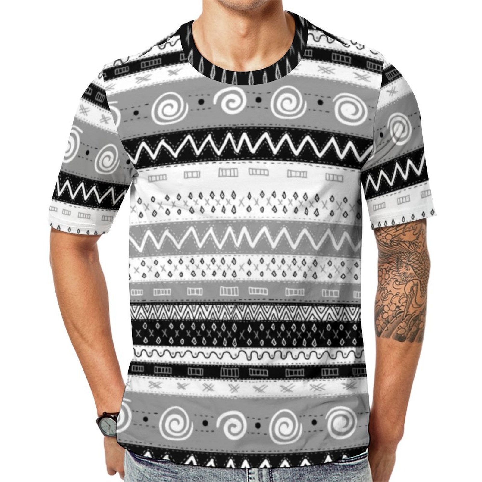 Fun Multi Zigzag Stripes Black White Short Sleeve Print Unisex Tshirt Summer Casual Tees for Men and Women Coolcoshirts