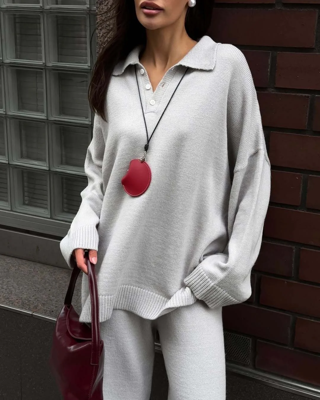 Athvotar Athvotar And Winter Solid-Color Lap-Over Sweater Set Women's Loose Knit Polo Collar Sweater Broad Leg Pants Two-Set