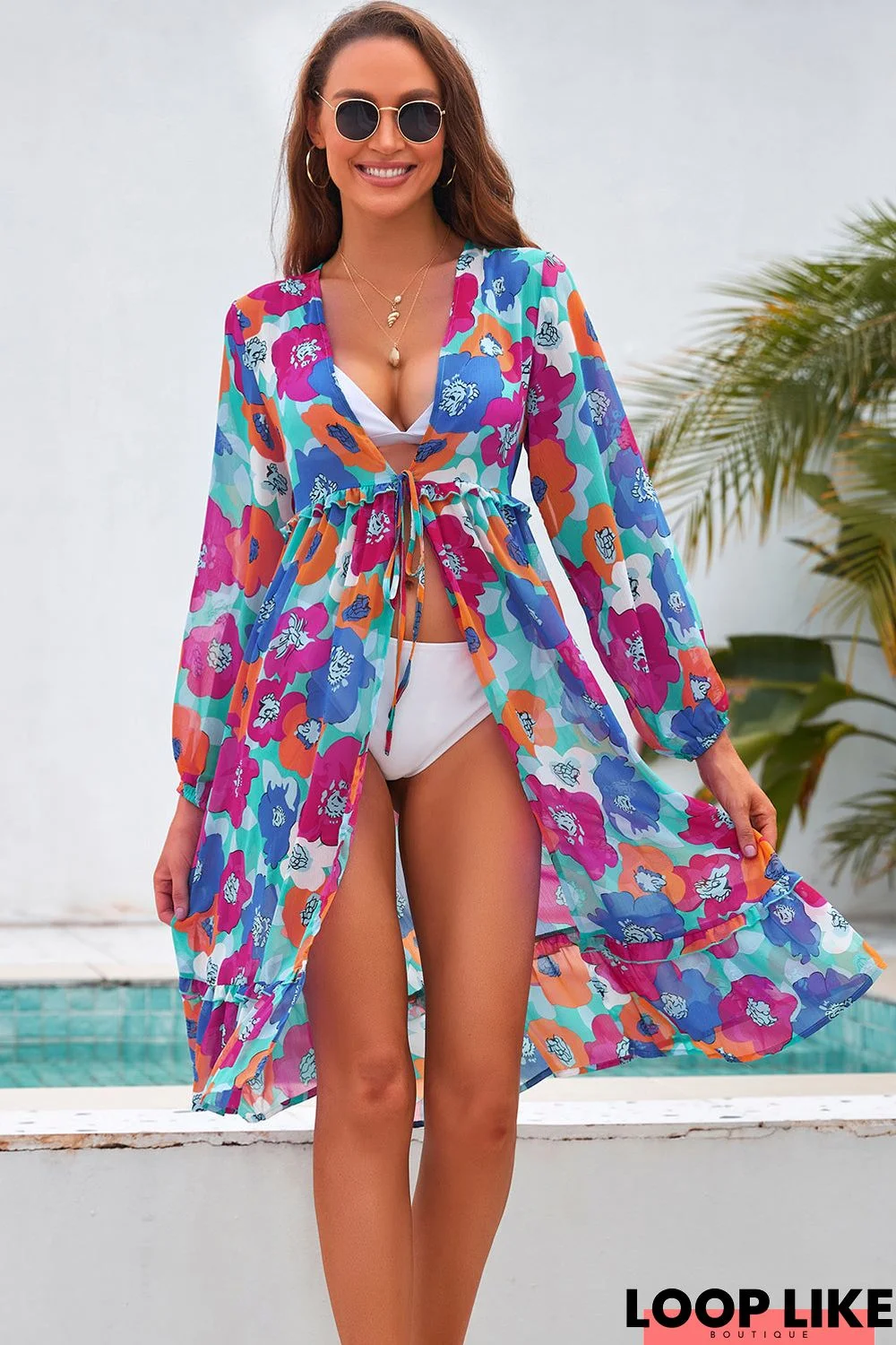 Floral Printed Long Sleeve Tie-Front Beach Cover-Up
