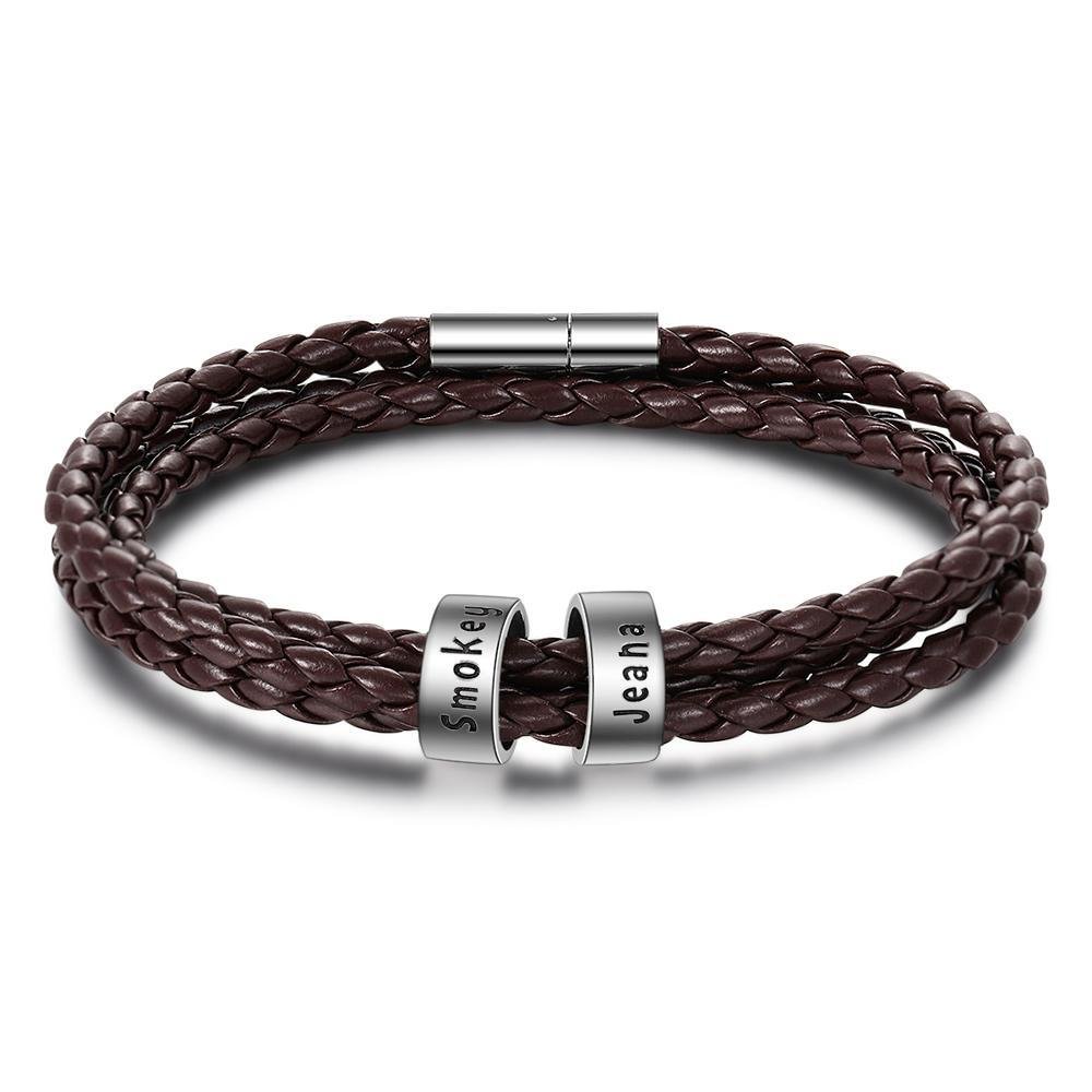 Braun Leder Perlen Armband 2 kleine benutzerdefinierte Perle  -personalisierte gravierte Väter Geschenk für ihn Männer Papa Freund Mann n2 Kettenmachen