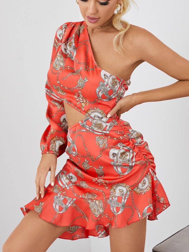 Ruffle Hem Print One Shoulder Long Sleeve Sexy Dress For Women - Shop Trendy Women's Fashion | TeeYours