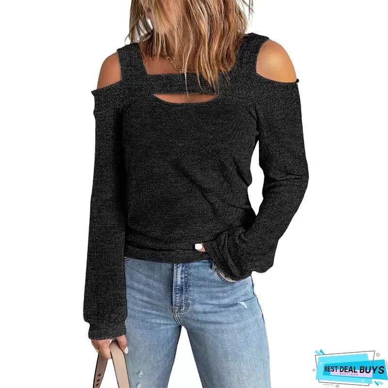 Sexy Strapless Solid Color Casual Long Sleeve Sweater