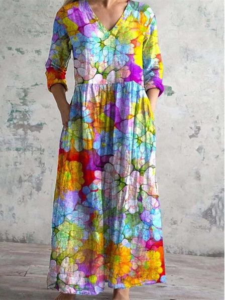 Women's 3/4 Sleeve V-neck Floral Printed Midi Dress