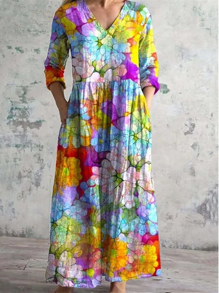 Women's 3/4 Sleeve V-neck Floral Printed Midi Dress