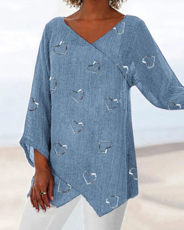 V-neck Love Print Loose Long-sleeved Fashion Top