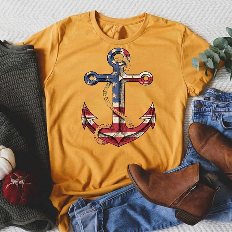 American Flag Anchor Round Neck T-shirt-018174