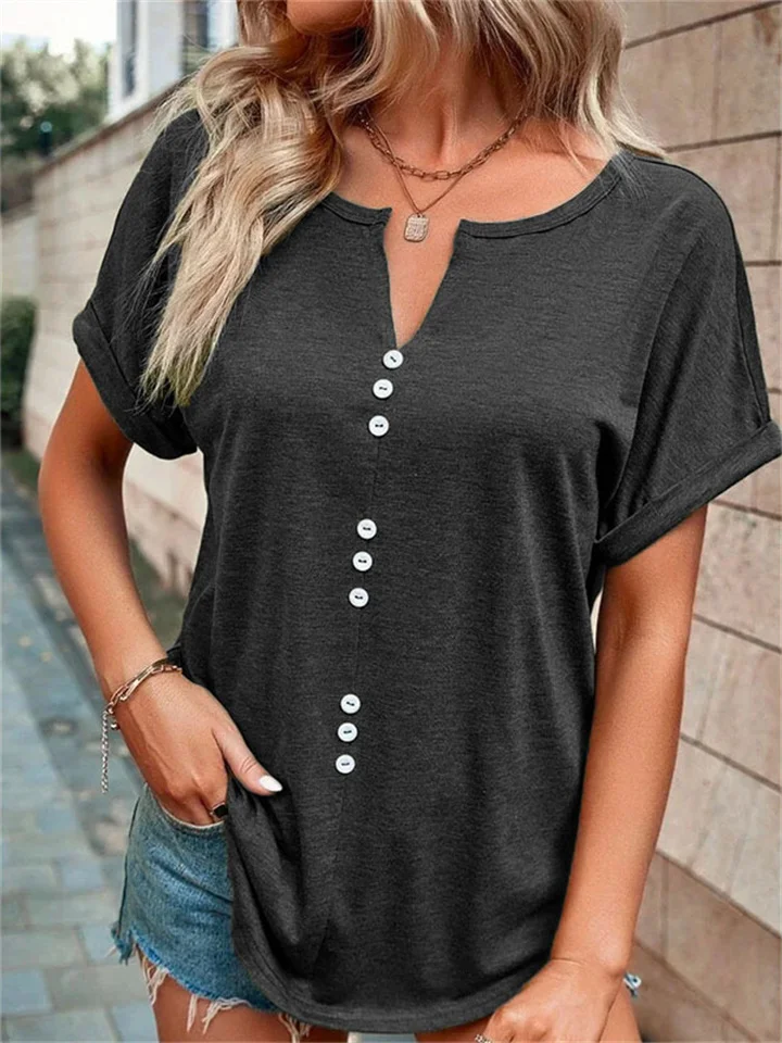 Spring and Summer Women's V-neck Button Short-sleeved Tops T-shirt Gray Black Red Purple Blue Green