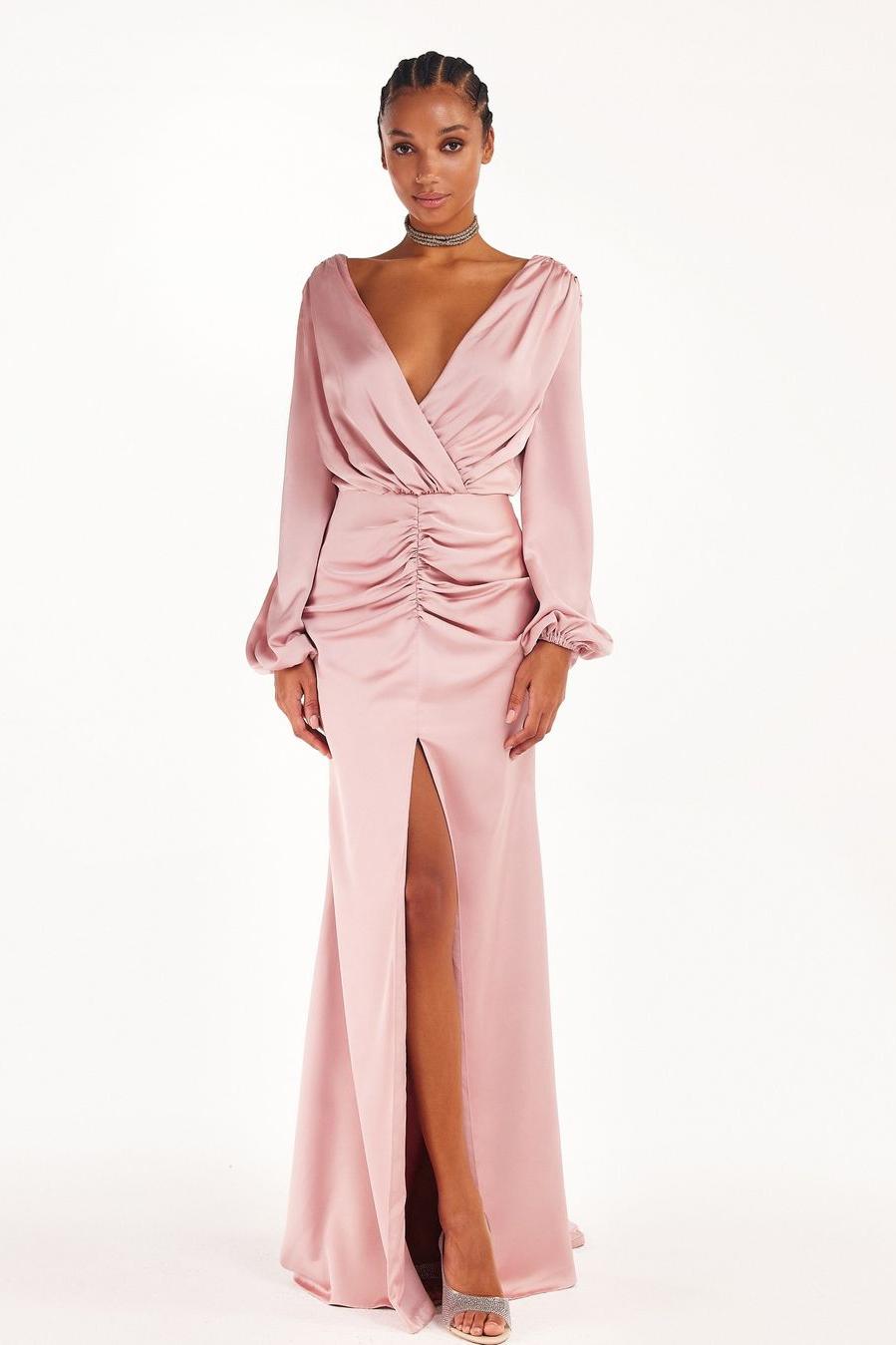 Oknass Pink Long Sleeves V Neck Pleated Long Prom Dress With Front Split