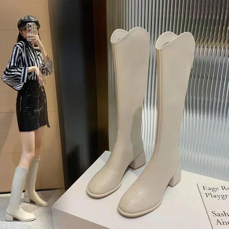 Churchf Churchf New Long Leather Boots Female Fairy Wind Casual 43 Plus Size High Heel Knight Boots Korean Version Of Leather Face High Boots Women