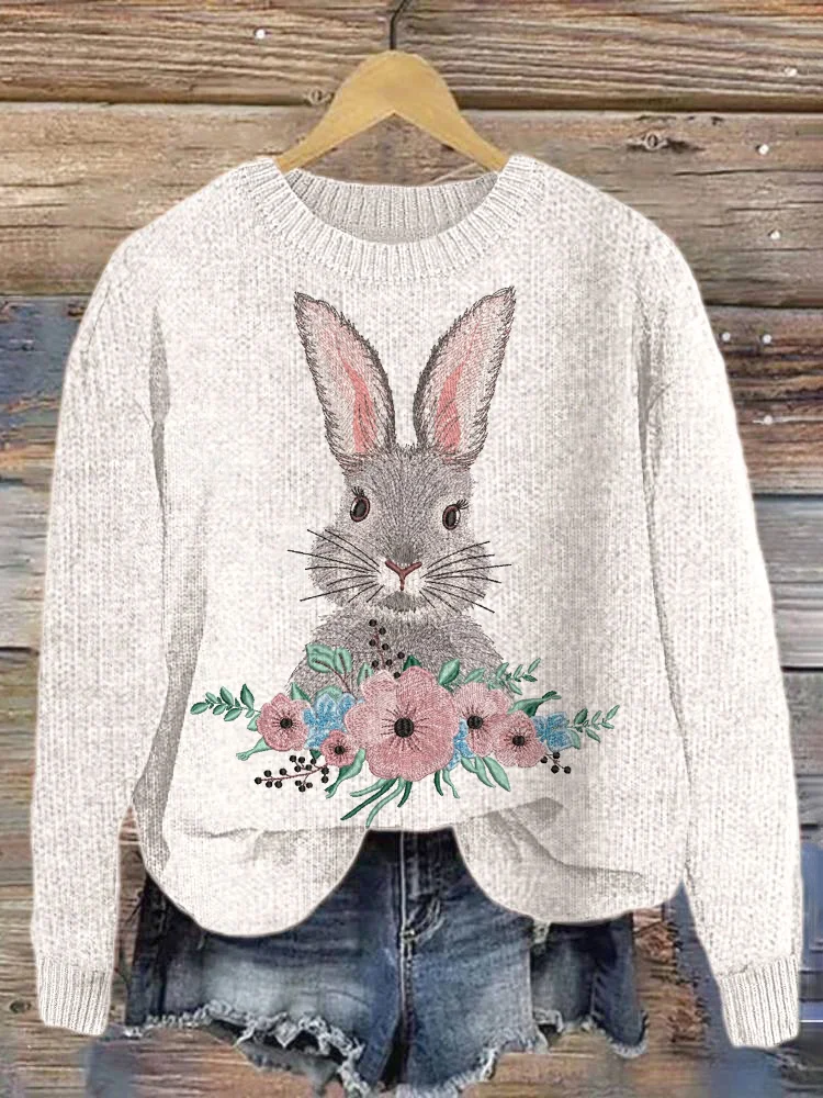 VChics Bunny & Flower Embroidery Art Cozy knit Sweater