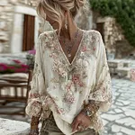 Women's Vintage Pink Floral Embroidered Art V-neck Long Sleeve Blouse - Image 4