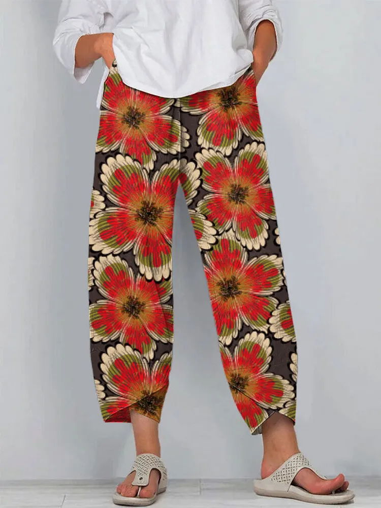 Women's Floral Art Printed Cotton And Linen Casual Pants