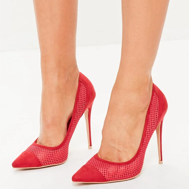 Red Nets Vegan Suede Pointy Toe Stiletto Heels Pumps |FSJ Shoes