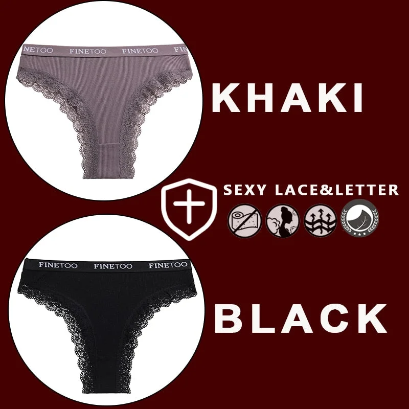 FINETOO 2PCS/Set Women's Cotton Panties Girls Letter Thongs Brazilian Pantys Sexy Lace Underwear For Woman Lingerie Bikini Panty