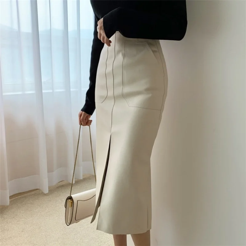 Jangj New 2022 Spring Autumn Women PU Leather Skirts High Waist Pockets Package Hip Female Front Split Zipper Midi Pencil Skirt