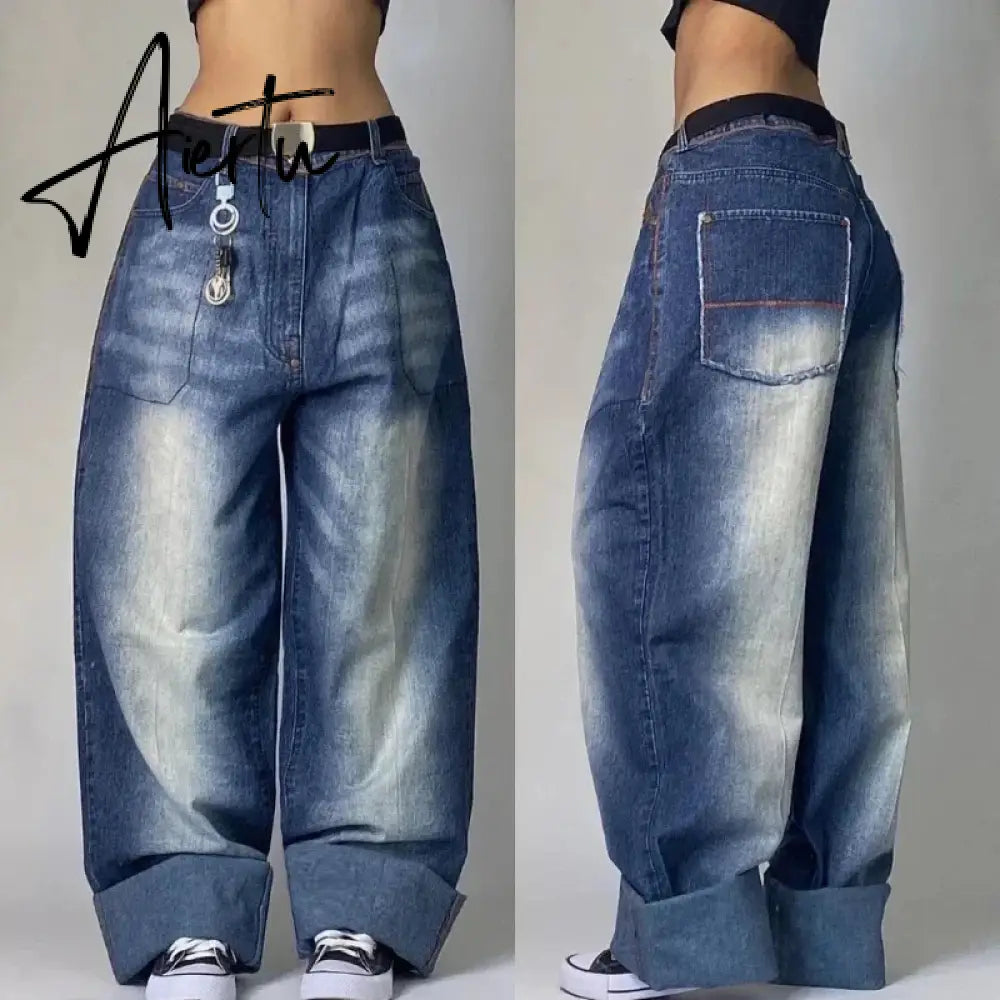 Aiertu American New Fashion Hole Multi-pocket Tooling Baggy Jeans Female Y2K High Street Vintage Casual Straight Wide-leg Mop Pants Aiertu