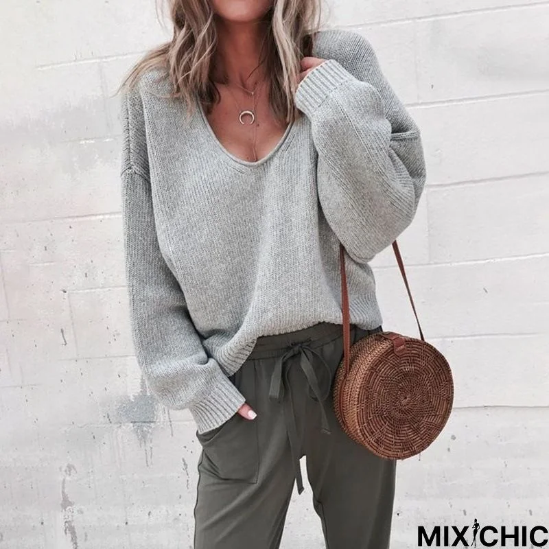 Solid Sweater V Neck Knitted Top