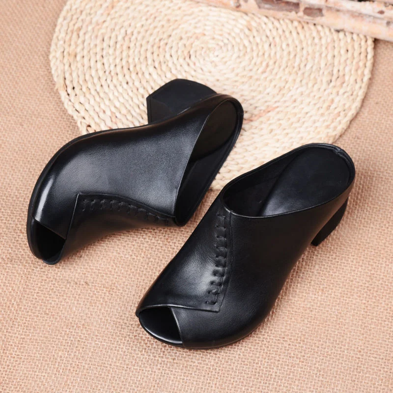 Thick-Heeled Soft Leather Outer Slippers Fish Mouth Comfortable Versatile Mid-Heeled Women Sandals Women's Mother's Shoes Women