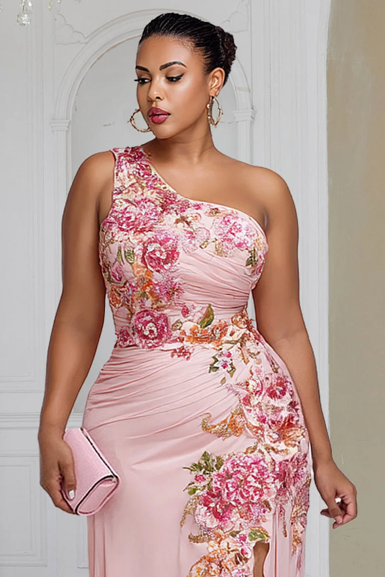 Xpluswear Design Plus Size Wedding Guest Pink Floral One Shoulder Split Elegant Chiffon Maxi Dresses [Pre-Order]