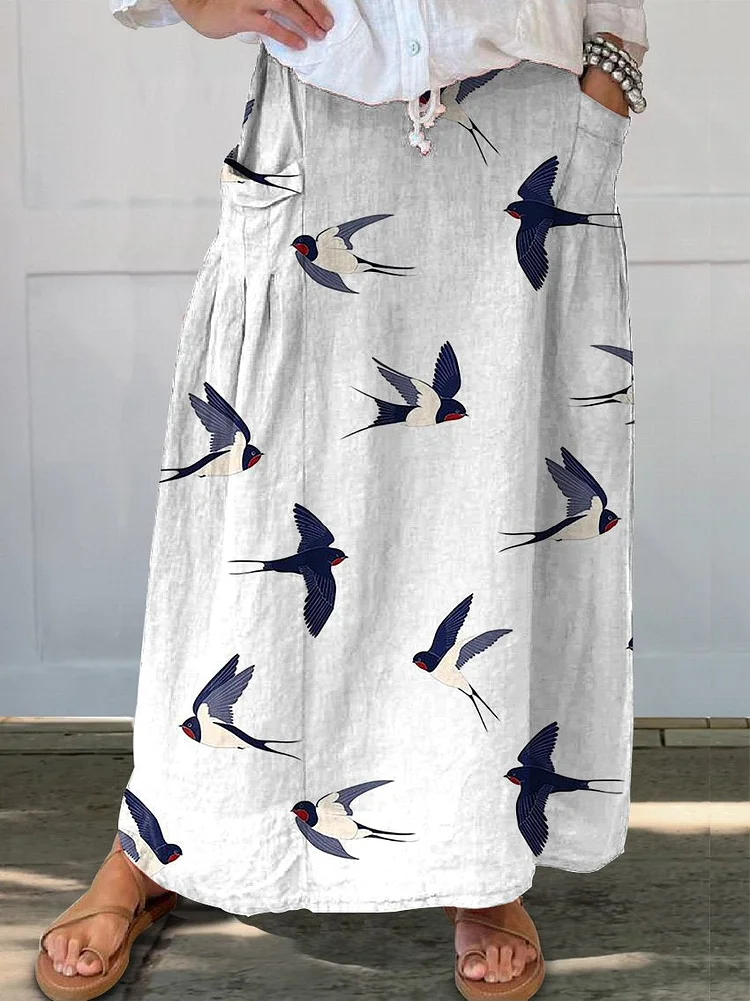 Flying Swallow Repeat Pattern Printed Women's Linen Pocket Skirt