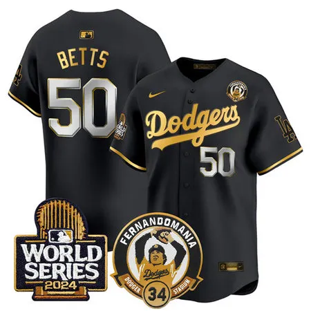 Youth Los Angeles Dodgers #50 Mookie Betts Black Fernando Valenzuela & 2024 World Series Patch Limited Stitched Baseball Jersey