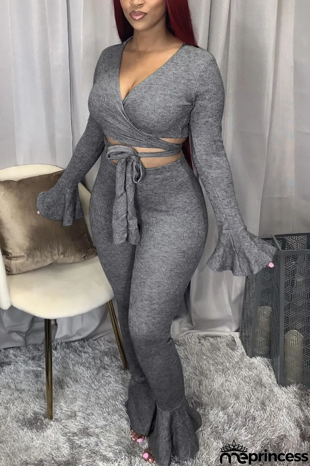 Red Casual Solid V Neck Long Sleeve Flare Sleeve Short Two Pieces