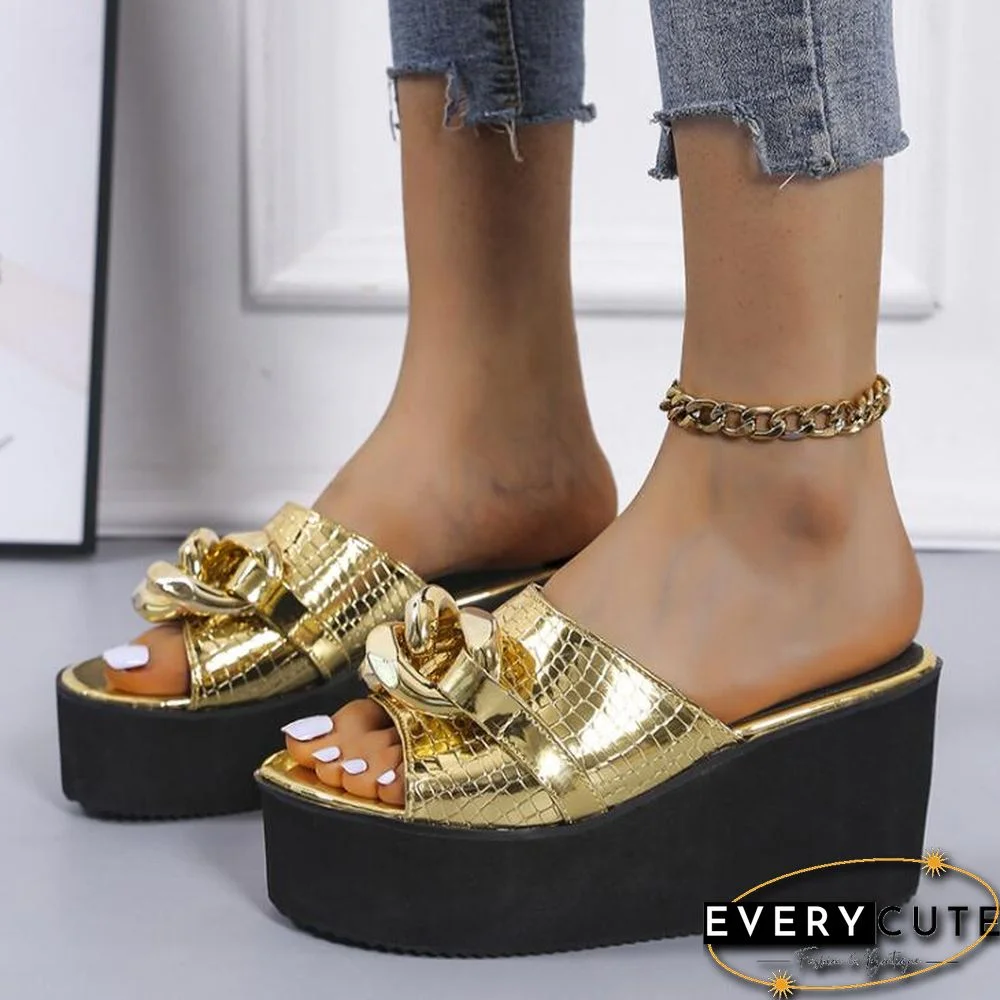 Back  To School Outfit   Large Size For Women'S Outer Wear New Wedge Heel Square Toe Metal Chain-Shaped Fish Mouth Sandals Women'S Shoes Slippers