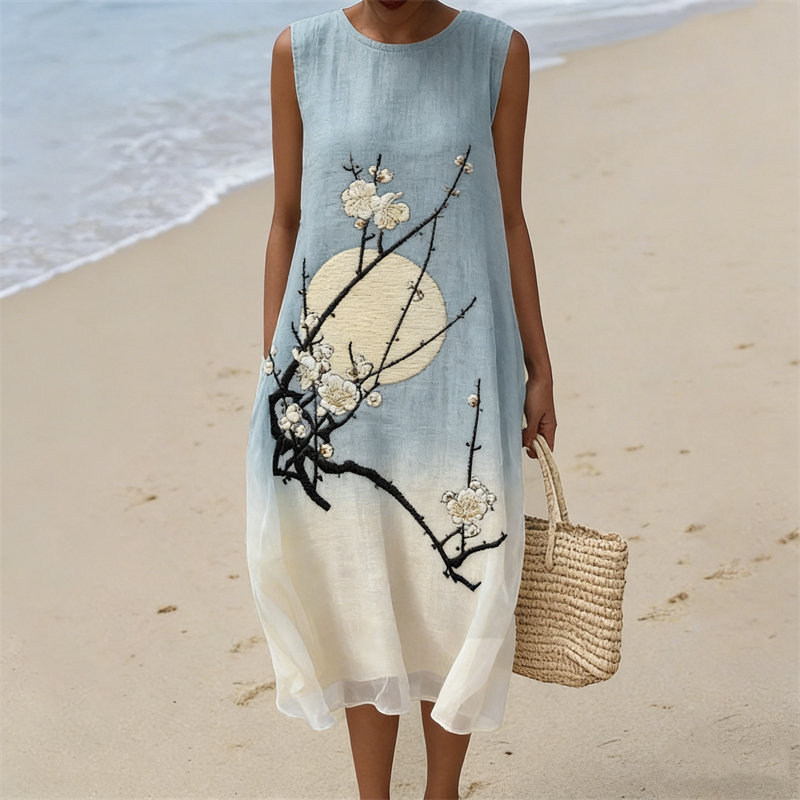 Plum Blossom Full Moon Gradient Flowy Linen Tank Dress wearshes