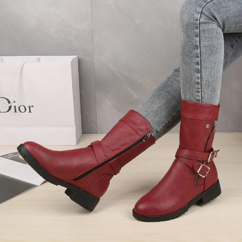 2021 Mid-Calf Boots Plus Size 43 Women Buckle Goth Boots Female Low Square Heel Zipper Leather Flat Shoes Red Black Grey Boots