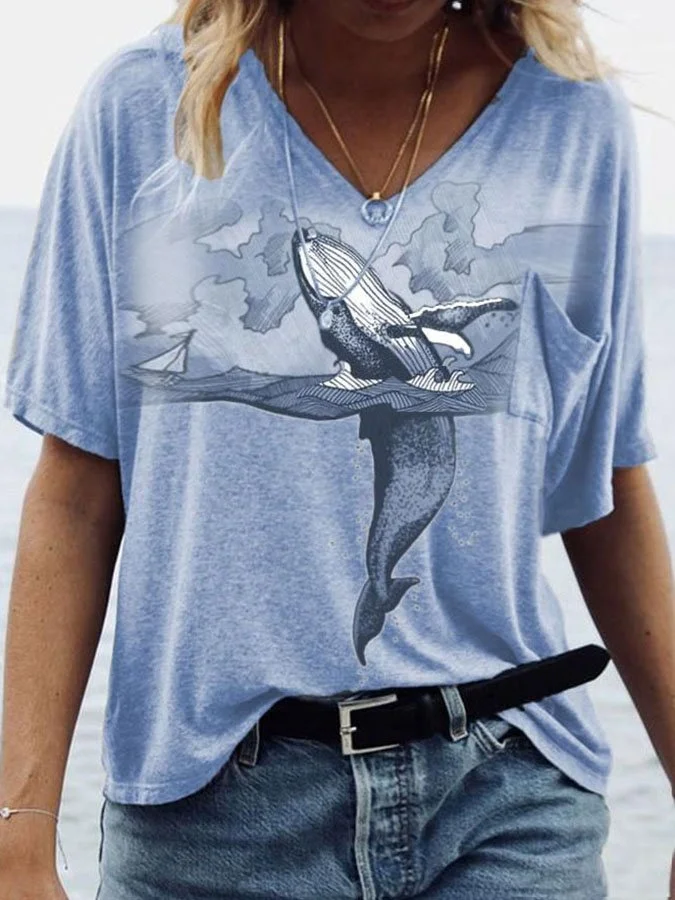 Whale Print V-Neck T-Shirt