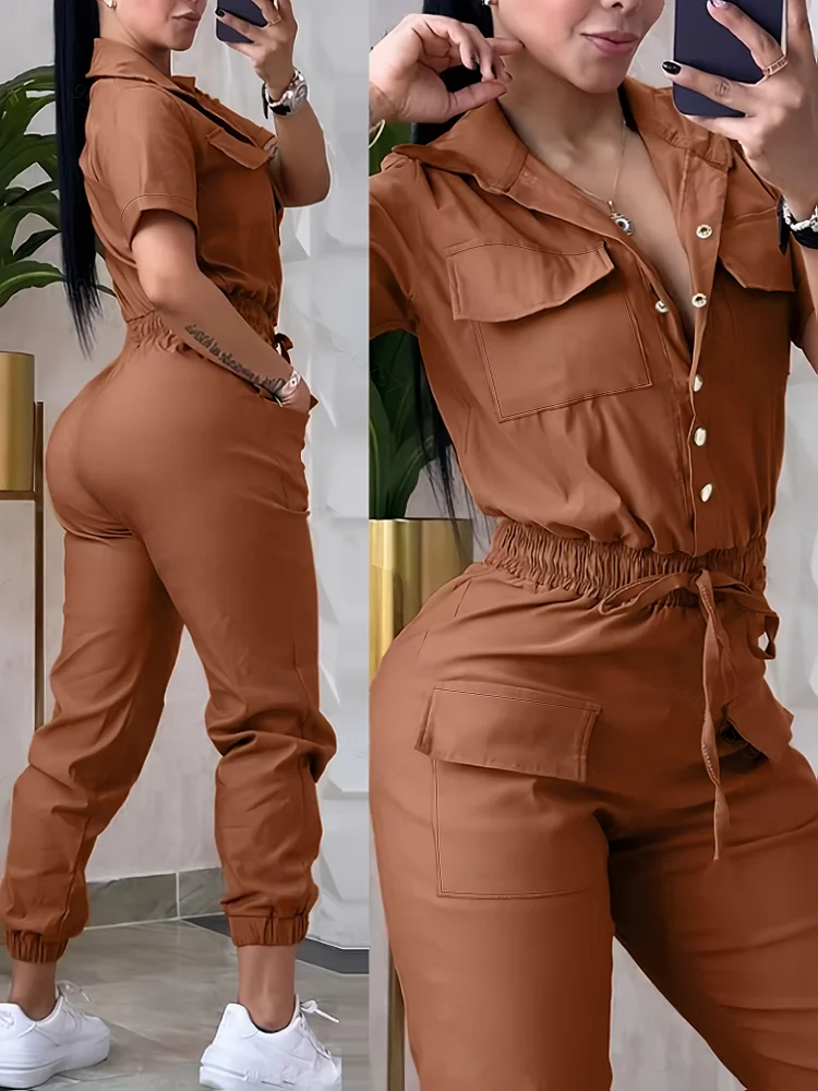 Women's Fashionable Brown Short Sleeve Jumpsuit With Lapel Collar - Stylish Vacation & Outdoor Wear, Front Pockets & Button Closure, Casual White Sneakers, Casual Attire | Casual Style | Lapel Collar Jumpsuit