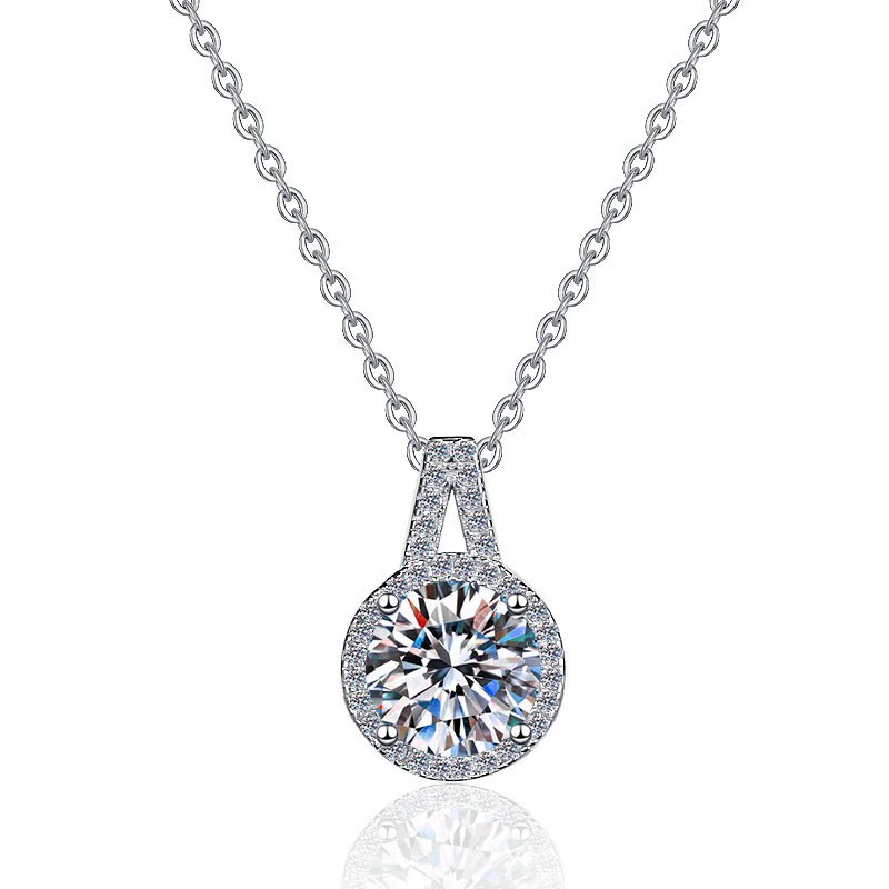 Fashion Trendy Classic s925 Silver 1ct Moissanite Round Necklace 