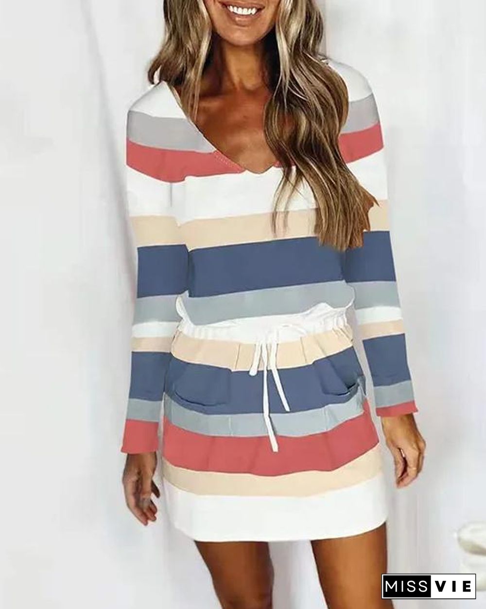 V Neck Drawstring Striped Dress