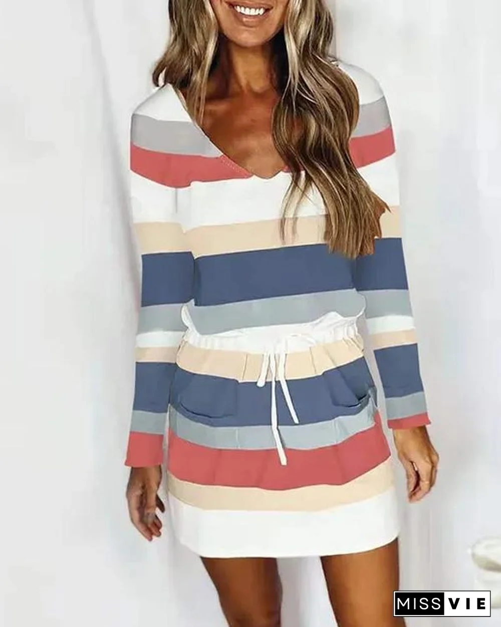 V Neck Drawstring Striped Dress