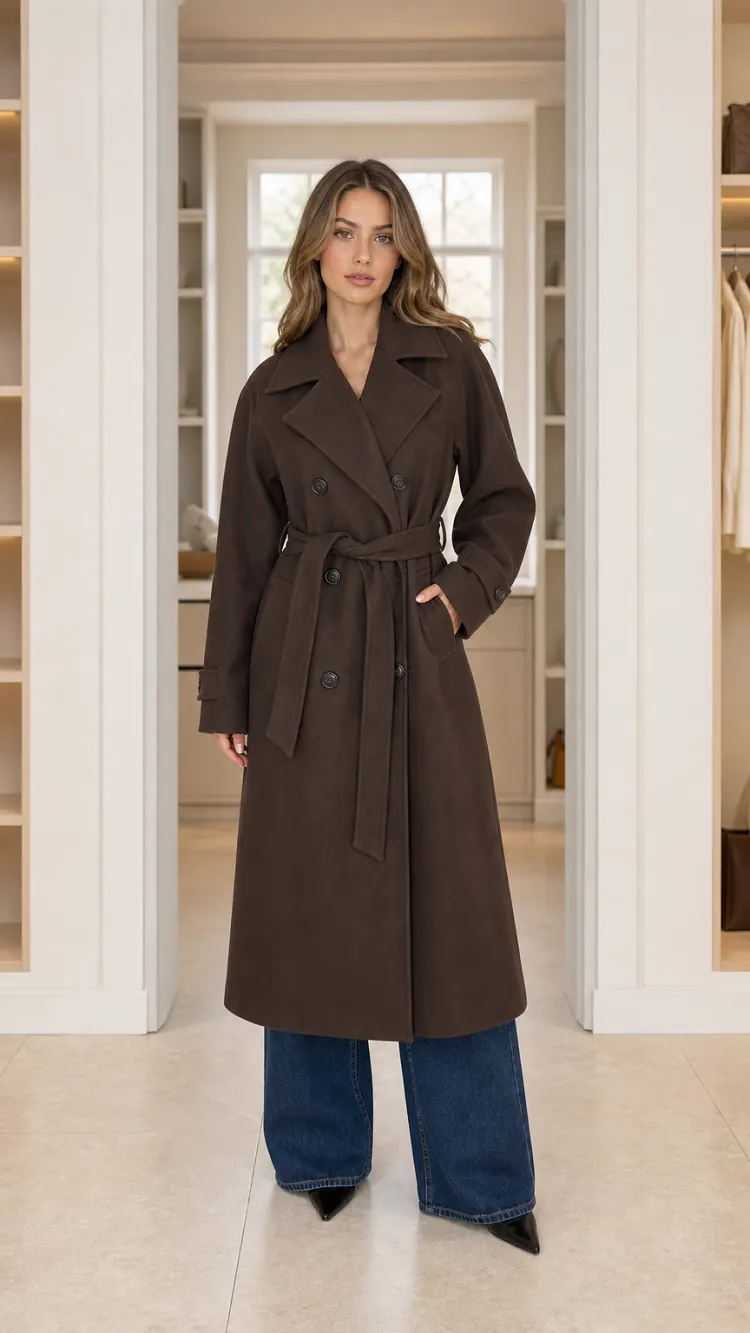 Women's Classic Double-Breasted Long Belted Overcoat