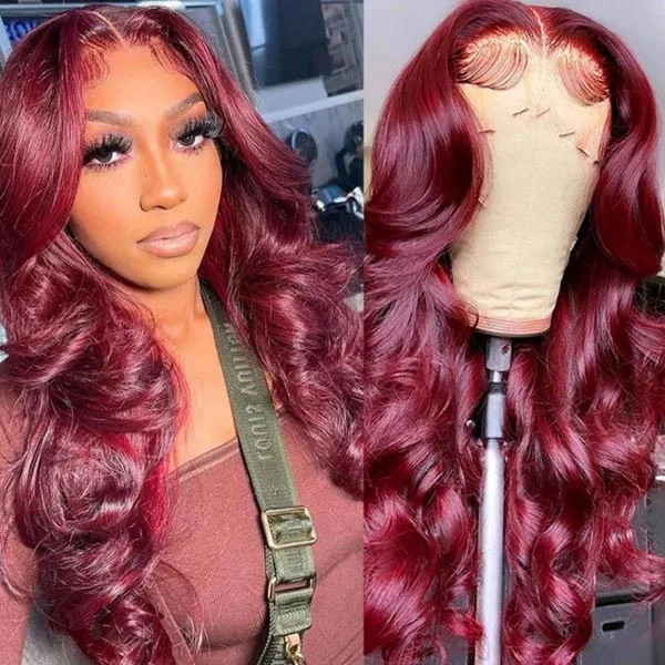 Junoda 99J Burgundy Red Body Wave Lace Part Wig Affordable Colored Human Hair Wigs
