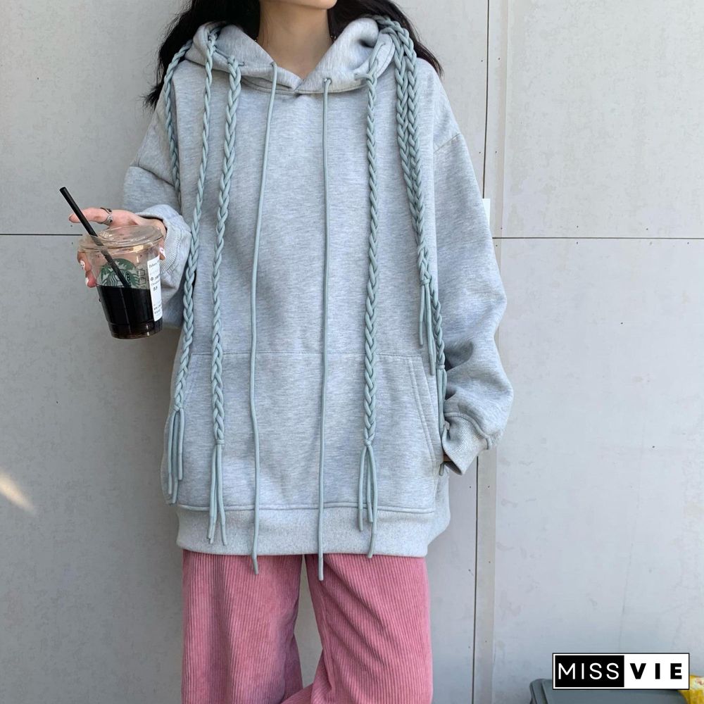 Fashion Women Sweatshirts Japanese Style Gray Casual Long Sleeve Loose Hooded Hoodies Spring Autumn Girls Lace Up Clothes